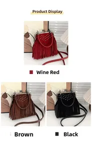 Detail view of retro tassel handbags with silver studs and metal clasps in three colors