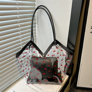 Transparent PVC tote bag with cherry print, black leather trim and matching inner pouch