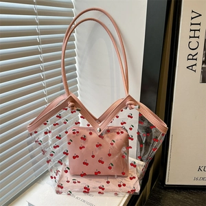 Sac Cabas en PVC Transparent Imprimé Cerises pour Femmes Et Pochette Intérieure en PU Sac à Bandoulière Décontracté Mode