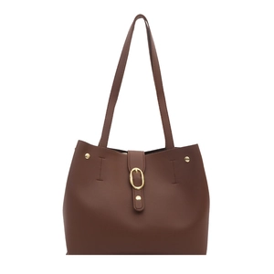 Minimalist dark brown leather tote bag with gold metal buckle for commuting