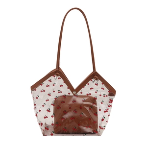 Grand sac cabas transparent en PVC avec imprimé cerise et bandoulières en cuir marron