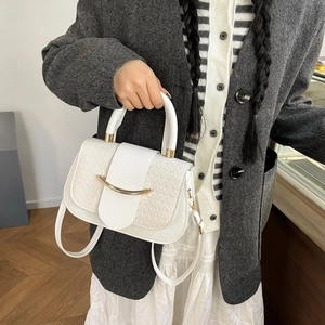 Trendy Women Woven Texture Small Square Bag PU Leather Shoulder Crossbody Bag With Moon Metal Buckle Top Handle Fashion Purse