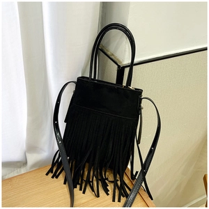 Detail shot of black bohemian bucket bag with long tassels and premium suede texture