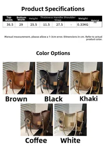 Detailed technical drawing and five color variations of this retro large capacity tote bag