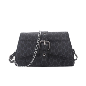 Petit sac à bandoulière gris rétro avec motifs de lettres M et chaîne argentée