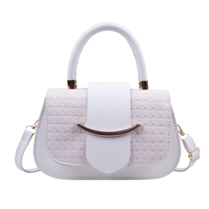 Chic white woven textured handbag with gold metal bar and detachable shoulder strap