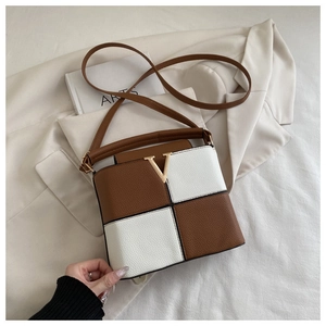 Detail of color-block brown and white leather handbag with golden V hardware