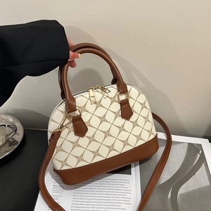 Sac Bandoulière Coquille en Cuir PU Imprimé Monogramme Vintage Pour Femmes Sac à Main Patchwork de Mode Avec Fermeture Éclair Dorée