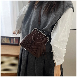 Detail of dark brown vintage tassel bag with silver rivets and metal frame closure