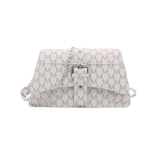 Chic beige leather shoulder bag with repeating grey M-logo and silver chain strap