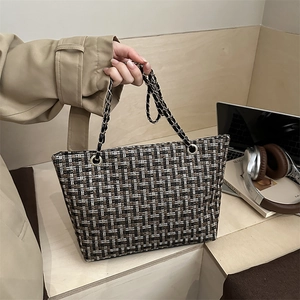 Large Capacity Tweed Woven Tote Bag For Women Retro Plaid Chain Shoulder Bag Elegant Daily Commuting Handbag