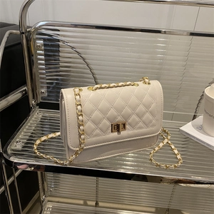 Elegant cream quilted chain shoulder bag with gold metal clasp on a modern shelf