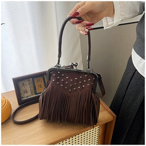 Detail of brown suede handbag with silver rivets, fringe accents and metal frame closure
