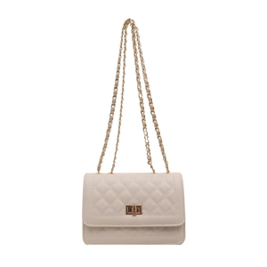 Cream quilted PU leather shoulder bag with gold twist lock and metal chain strap