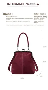 Detailed dimension chart showing a vintage burgundy kiss-lock handbag in matte PU leather