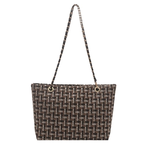 Classic checkered tweed tote bag with gold chain straps and textured weave