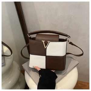 Detail of the brown and white checkerboard leather handbag with golden V buckle