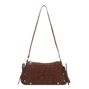 Brown leopard print shoulder bag with bow drawstrings and silver metal rivets decoration