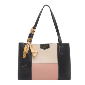 Three-tone patchwork tote bag with silk scarf accessory and top-handle design