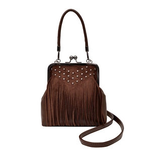 Brown faux suede tassel handbag with silver rivets and vintage kiss-lock closure