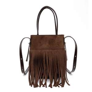 Retro Bohemian dark brown suede bucket bag with long tassels and adjustable straps
