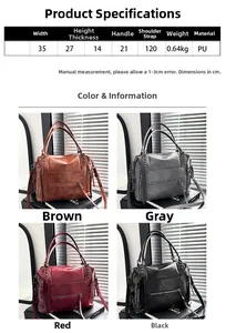 Detailed size guide for large PU leather tote bag in brown, grey, red and black