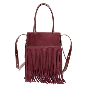 Retro wine red tassel handbag with bohemian suede fringe and dual carry straps
