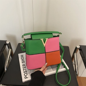 Trend multicolored leather square handbag with golden V-logo and contrast color patchwork