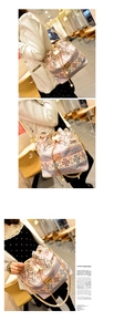 Detail of ethnic bucket bag with pearl chain strap and geometric prints in a cafe setting
