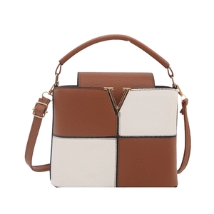 Brown and white patchwork handbag with gold V-metal buckle and lychee grain texture