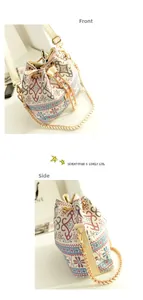Front and side views of a printed canvas bucket bag with ethnic patterns and drawstring