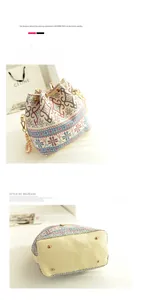 Detailed view of bucket bag featuring ethnic jacquard patterns and gold metal feet on bottom