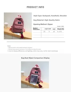 Size chart showing pink corduroy backpack dimensions 25x9x32cm with material details