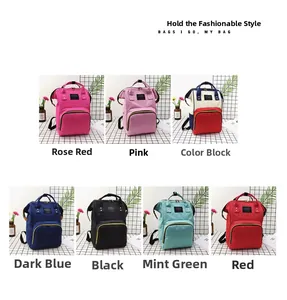 Grid display of casual Oxford fabric backpacks in seven vibrant color variations