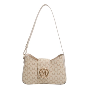 Borsa a spalla a mezzaluna crema con stampa di lettere M e fibbia logo in metallo dorato chic