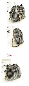 Three views of a houndstooth bucket bag with gold chain and pearl drawstring details