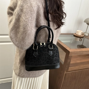 Women Leopard Print Shell Bag Fashion Simple PU Leather Handbag Retro Splicing Shoulder Crossbody Bag Gold Hardware Gift