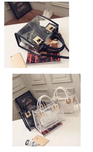 Détail du sac cabas transparent en PVC avec pochette intérieure et fermoir doré en métal