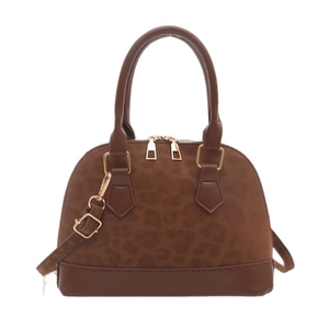 Chic leopard print shell bag in brown suede with dual handles and gold hardware accents