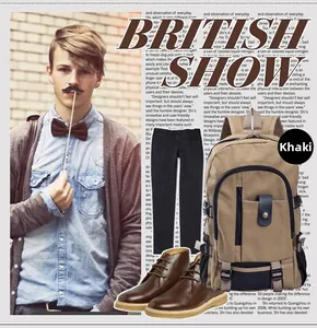 British style khaki canvas backpack with multiple pockets and brown leather boots