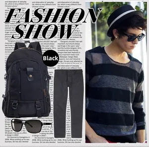 Detail view of a black canvas backpack with leather buckles and urban fashion accessories