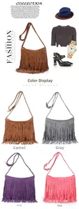 Bohemian hobo bag with long tassels and hand-woven strap in four color options