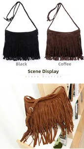 Detail of bohemian fringe bags in black and brown with braided leather shoulder straps
