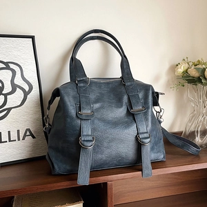 Retro blue-grey large capacity soft leather tote bag with decorative straps and metal rings