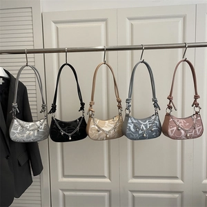 Women PU Leather Underarm Bag Abstract Letter Print Shoulder Bag With Silver Metal Chain Artificial Pearl Charms Fashion Hobo Bag