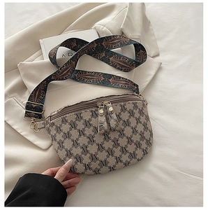 Close-up of retro plaid pattern fabric and double zippers on the vintage waist bag