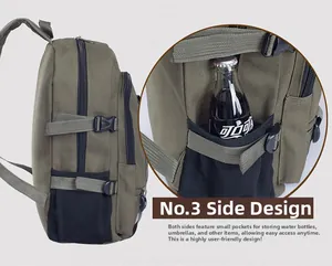 Detail of army green canvas backpack side pocket with mesh pouch and secure buckle strap