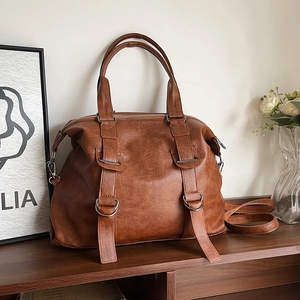 Retro brown large capacity tote bag with dual handles and detachable shoulder strap