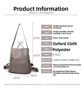 Detailed size chart of the khaki Oxford backpack showing dimensions and features
