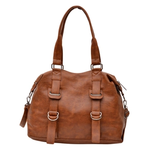 Vintage brown soft leather tote bag with double handles and silver metallic ring buckles